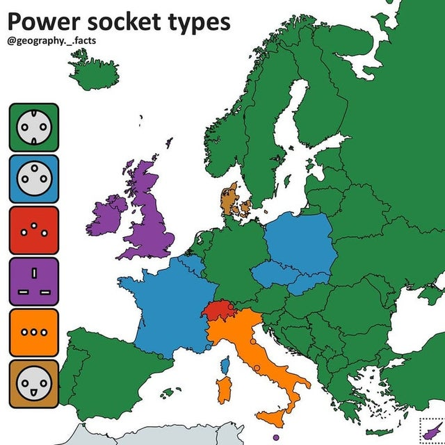 European map showing the different outlet plugs.